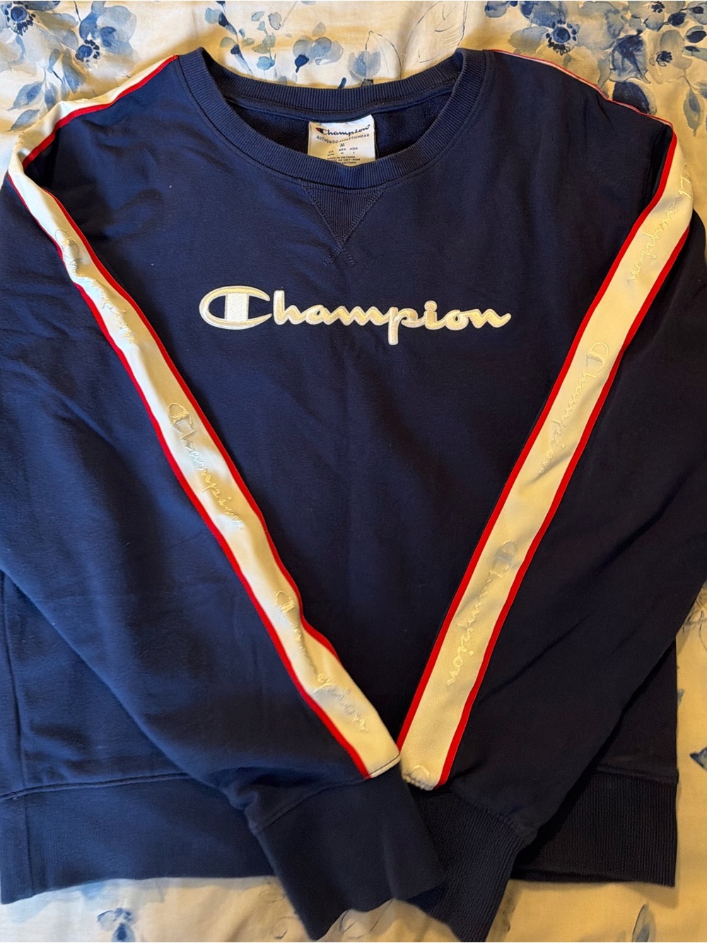 Champion Navy Crewneck Sweatshirt with White & Red Sleeve Stripes